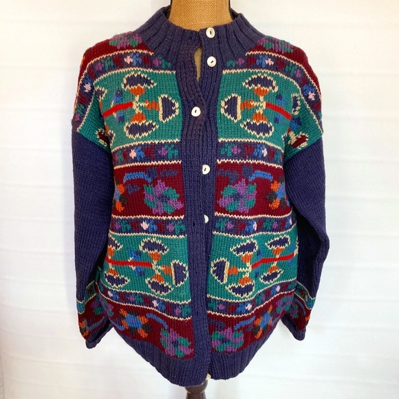 South Wool, hand knit cardigan sweater, navy and multiple colors - Picture 1 of 6